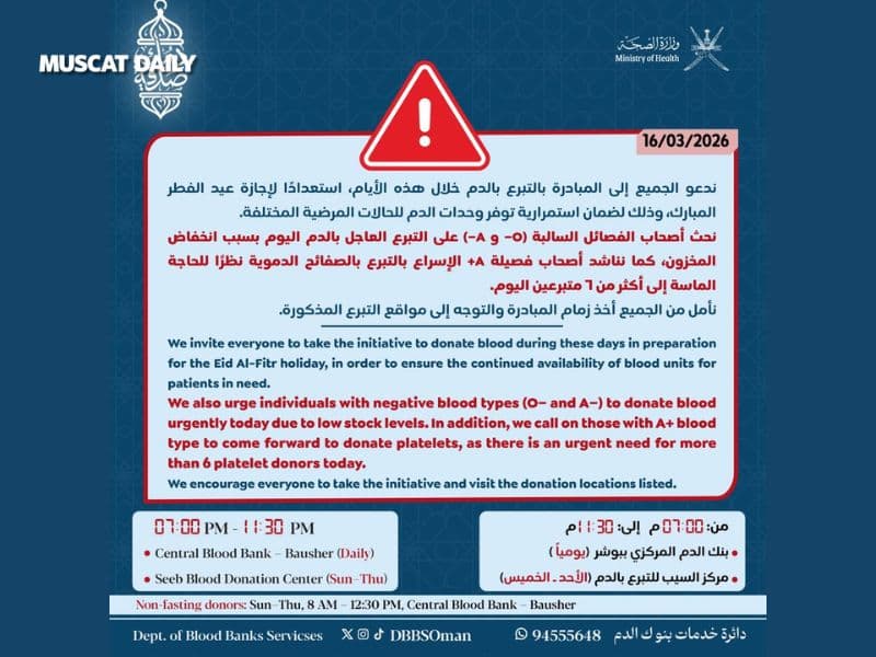 MoH urges urgent blood donations ahead of Eid Al-Fitr